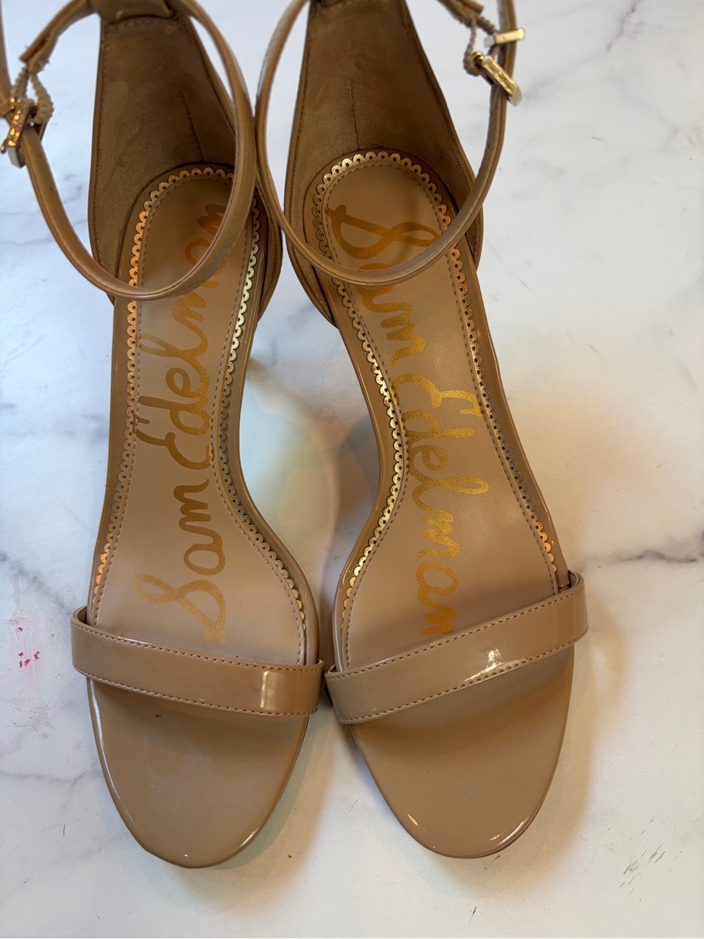 Sam Edelman Glossy Beige Ankle-Strap Heels Sz 6 1/2